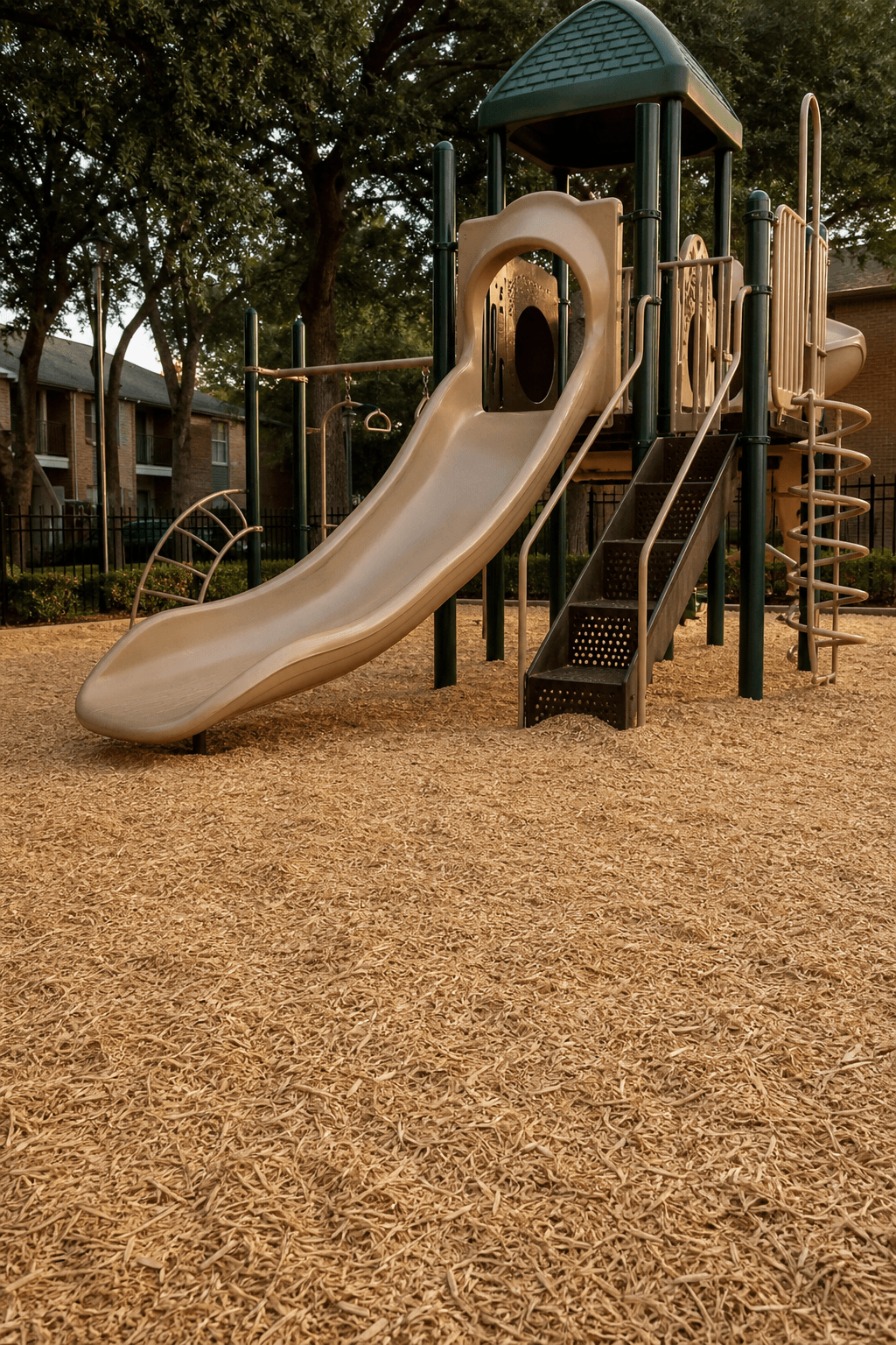 An apartment community playground standing on a deep, freshly spread layer of engineered wood fiber
